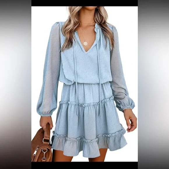 NWT BTFBM Women Casual light blue Dress V Neck Tie Neck Long Sleeve Dot Ruffle - Picture 1 of 7